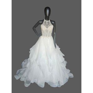 Ivory Horsehair Tiered Illusion Halter A-line NWOT Wedding Gown - Mori Lee